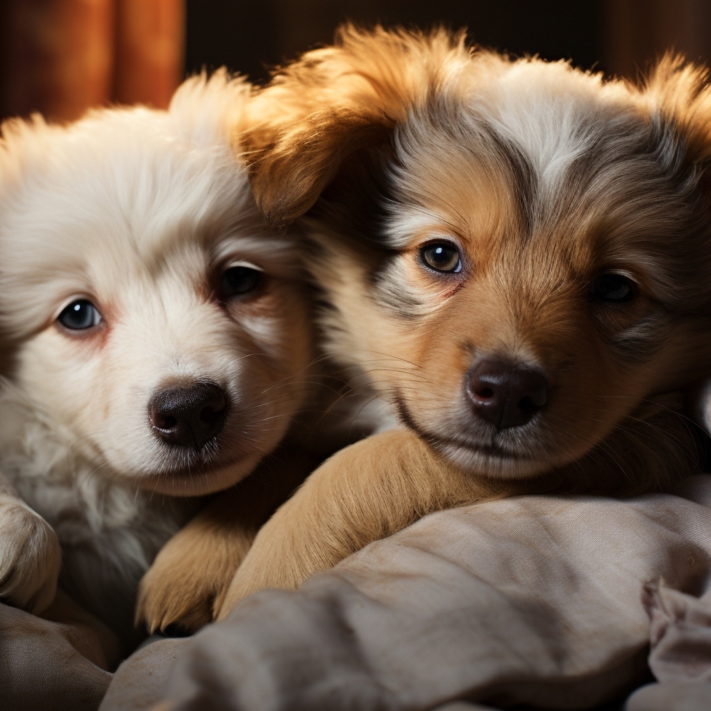 Два щенка швейцарской овчарки лежат на кровати