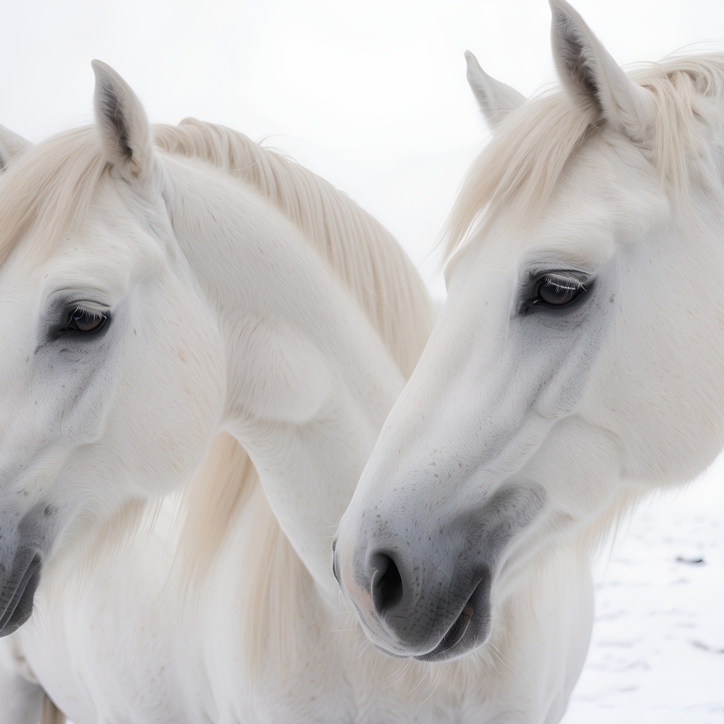 Две красивые белые лошади зимой