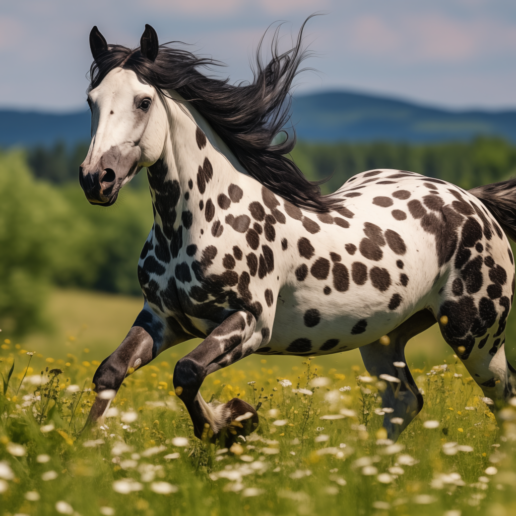 Белая лошадь в черных пятнах на пастбище