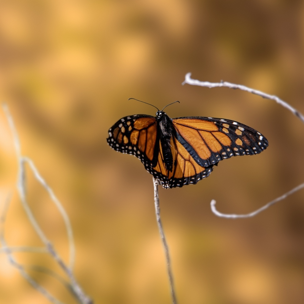 Коричневая бабочка сидит на тонкой ветке