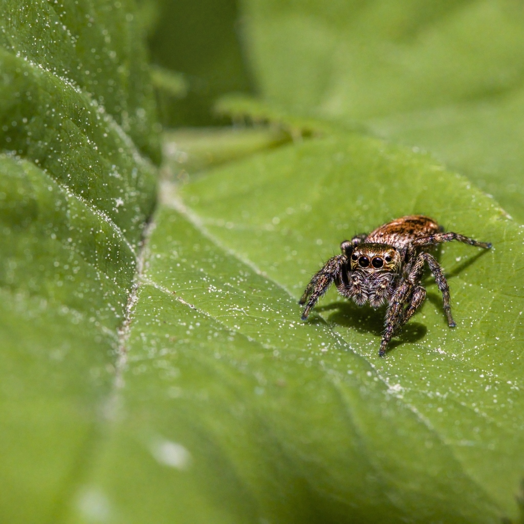 Большой паук охотится на зеленом листке