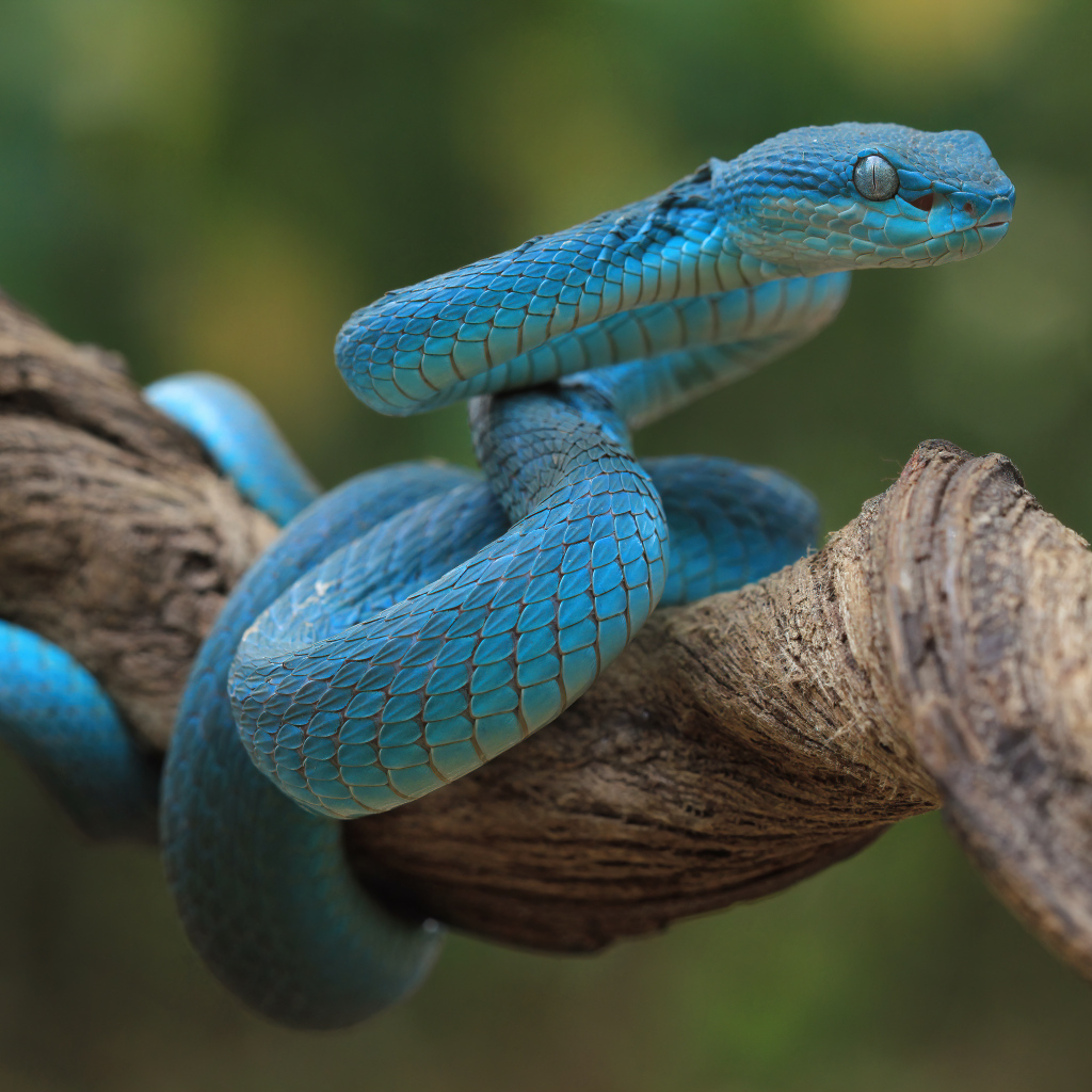 Голубая змея висит на ветке дерева