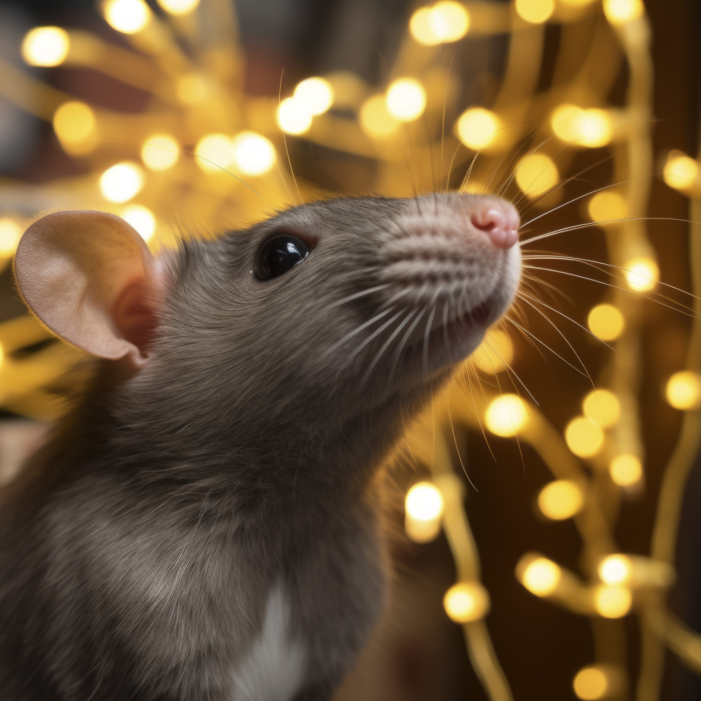 Серая крыса на фоне гирлянды