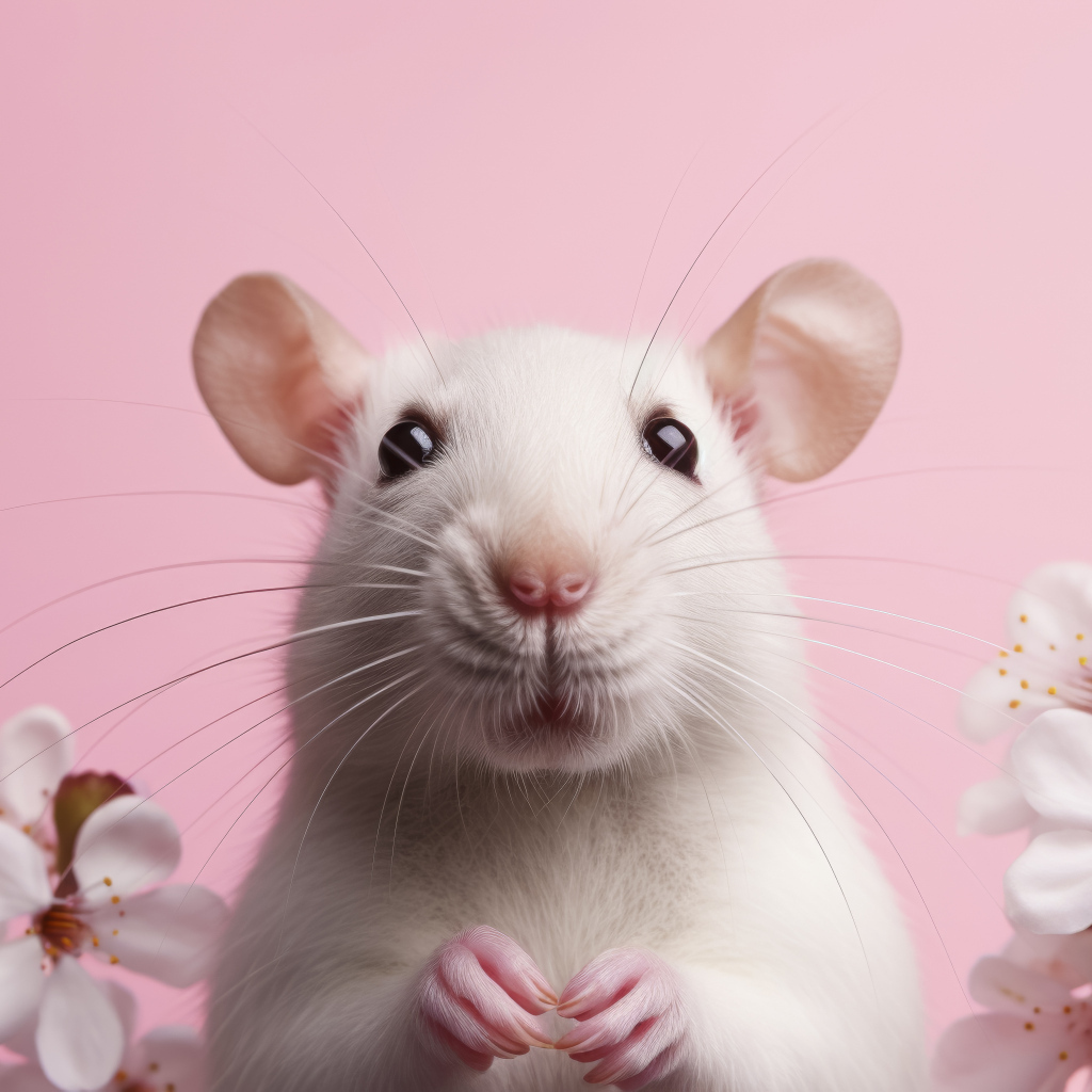 Белая крыса на розовом фоне с цветами