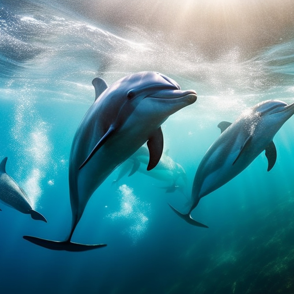 Стая дельфинов плавает в воде
