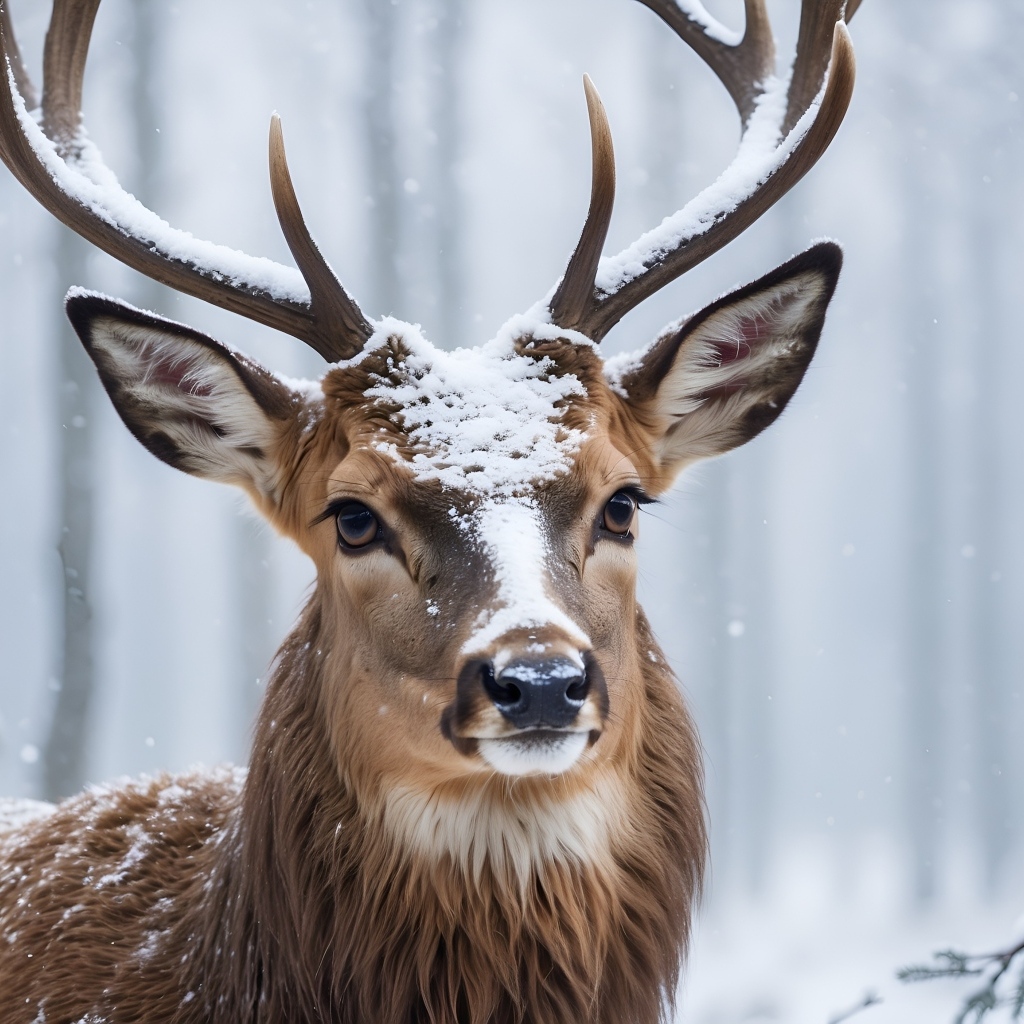 Большой олень в зимнем заснеженном лесу