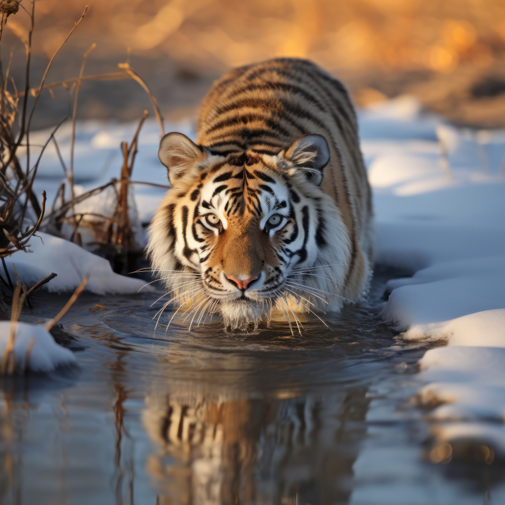 Тигр стоит в холодной воде с заснеженными берегами