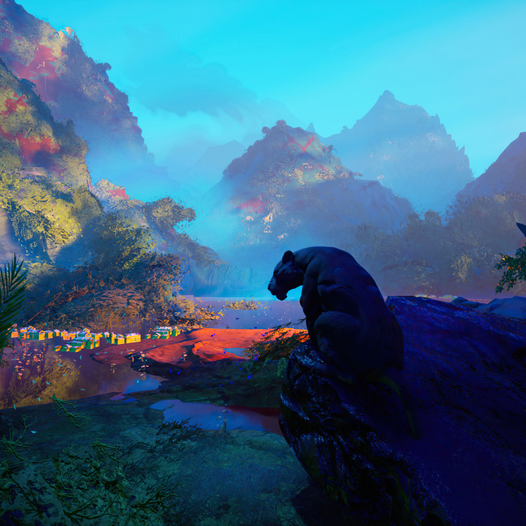 Большая черная пантера сидит на камне