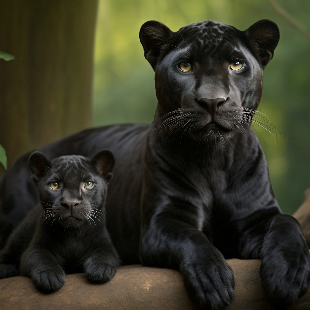 Большая черная пантера с детенышем