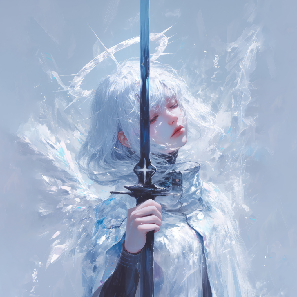 Девушка аниме ангел с оружием на сером фоне