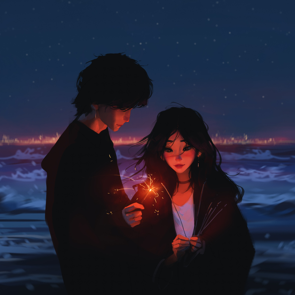 Пара аниме с бенгальскими огнями у воды
