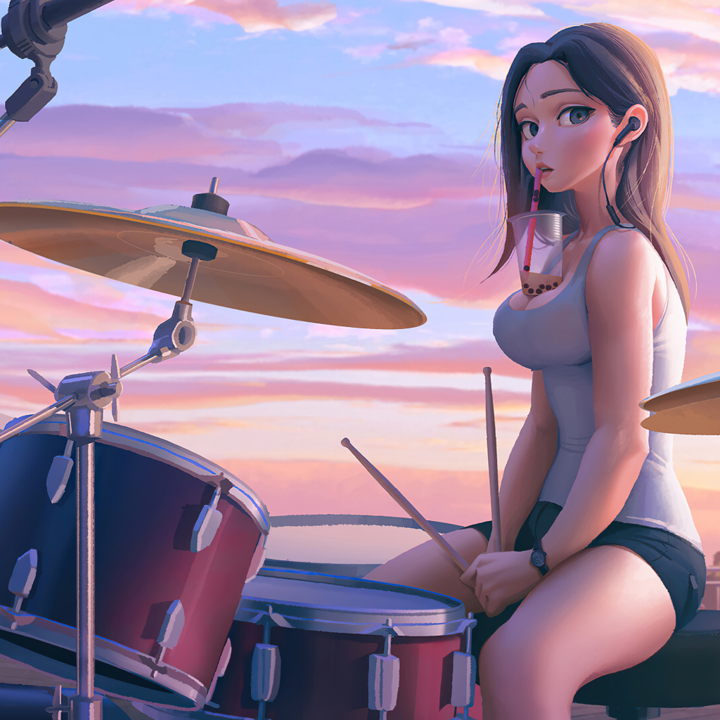Девушка аниме за барабанной установкой