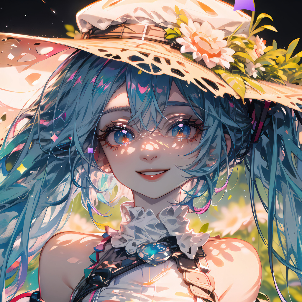 Девушка аниме в большой шляпе с голубыми волосами