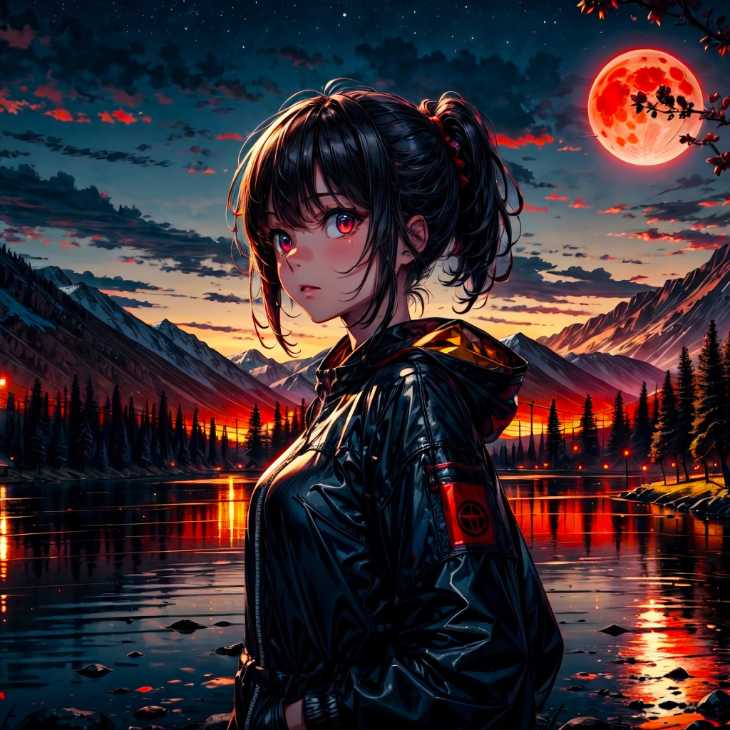 Девушка аниме в черной куртке у реки на фоне луны