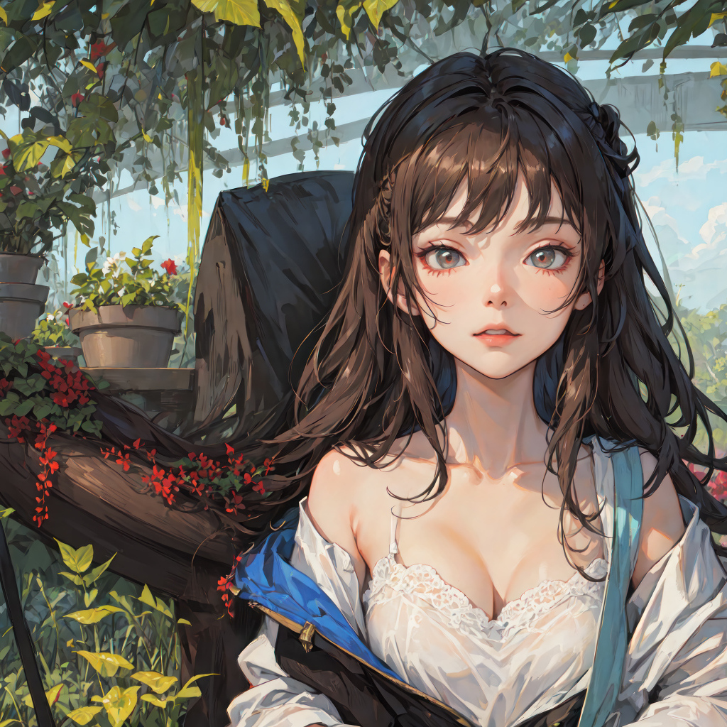 Девушка аниме в оранжерее с цветами