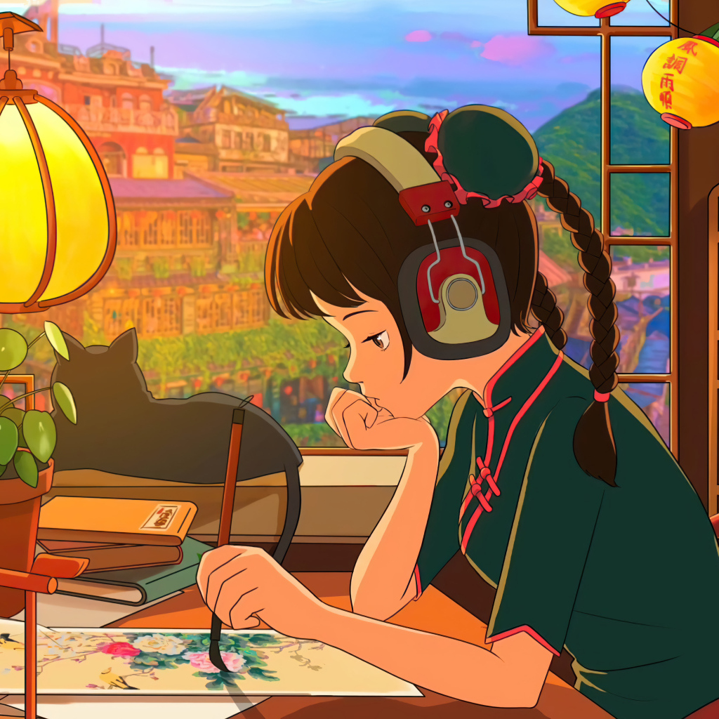 Девушка аниме в наушниках сидит за столом у окна