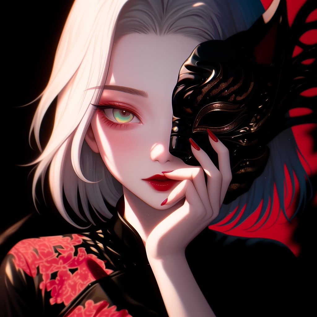 Девушка аниме в кимоно закрывает лицо маской