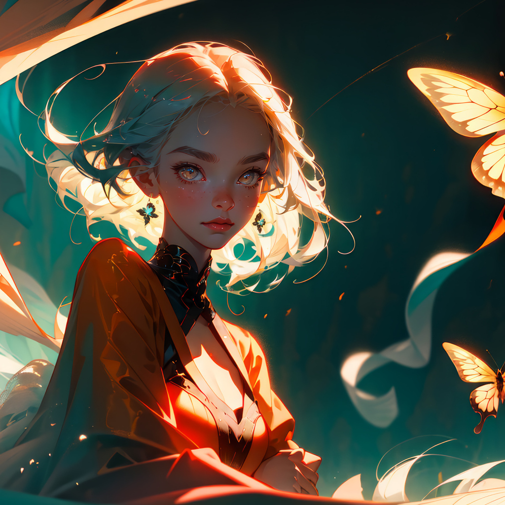 Девушка аниме в лучах света с бабочками