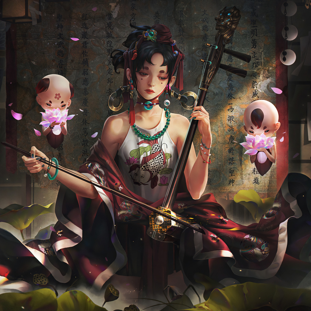 Девушка аниме играет на музыкальном инструменте