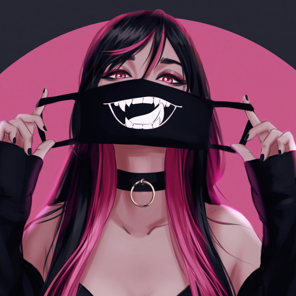 Девушка аниме с черной смешной маской на лице