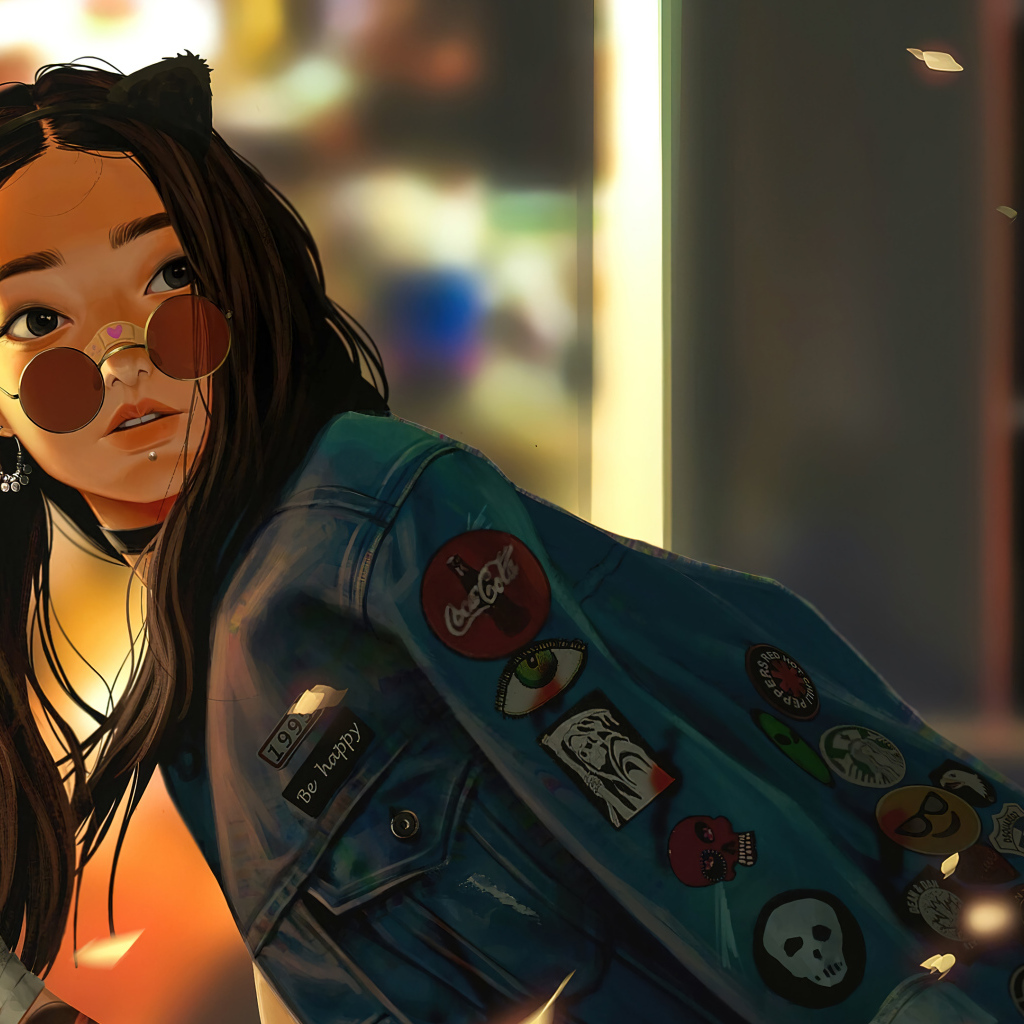 Девушка аниме с сигаретой в джинсовой куртке