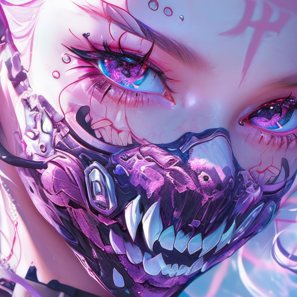 Аниме девушка с маской с острыми клыками на лице