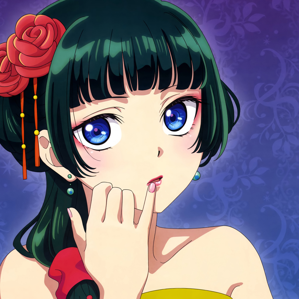 Девушка аниме с большими голубыми глазами на синем фоне