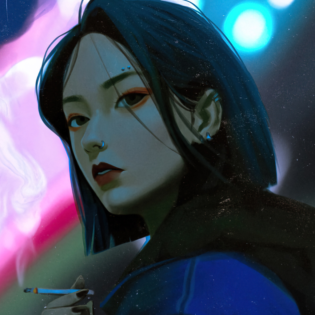 Девушка аниме с черными глазами с сигаретой в руках