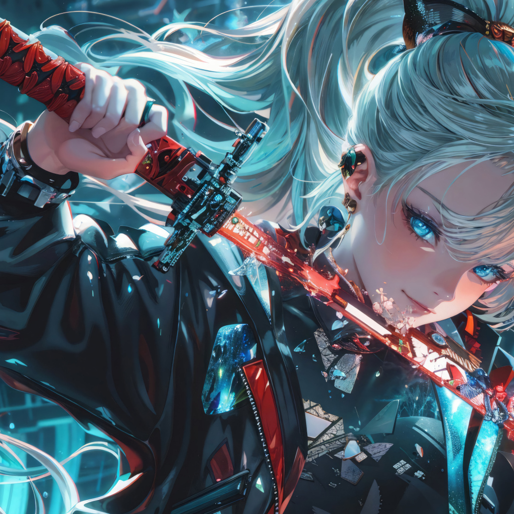 Девушка аниме с голубыми волосами держит катану