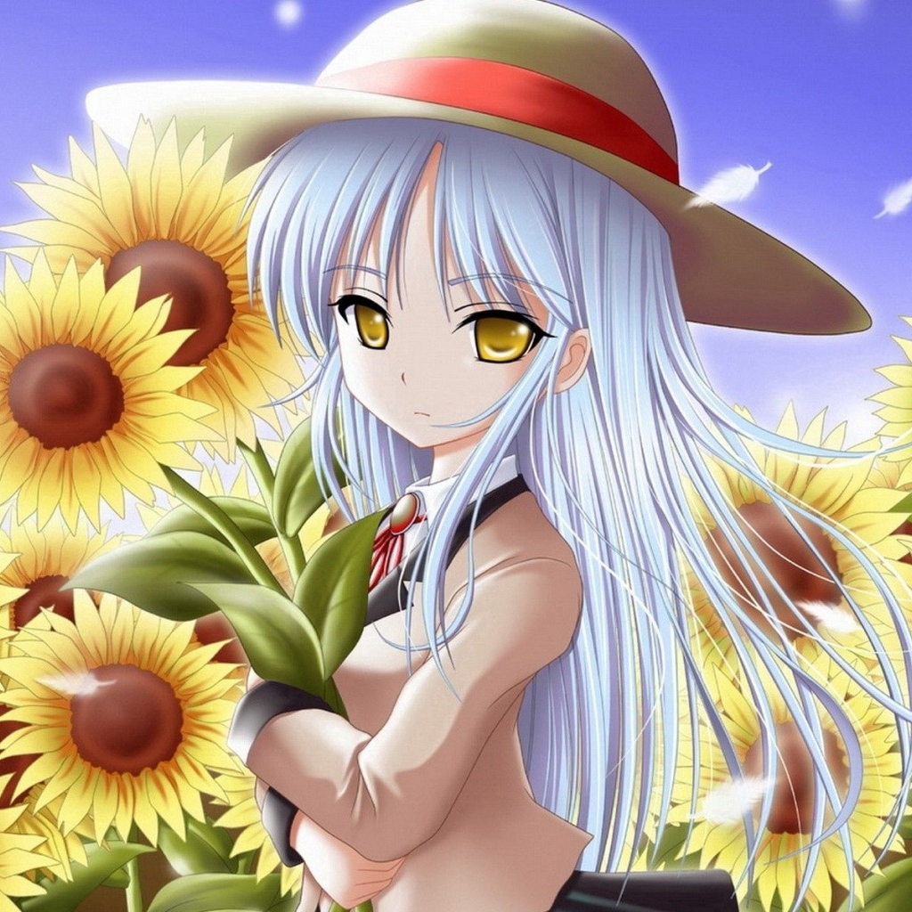 Девушка аниме с синими волосами на поле с подсолнухами