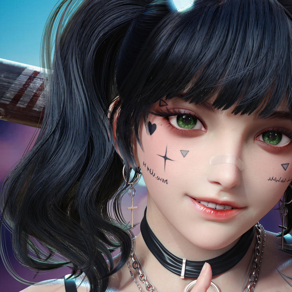 Девушка аниме с татуировками на лице 