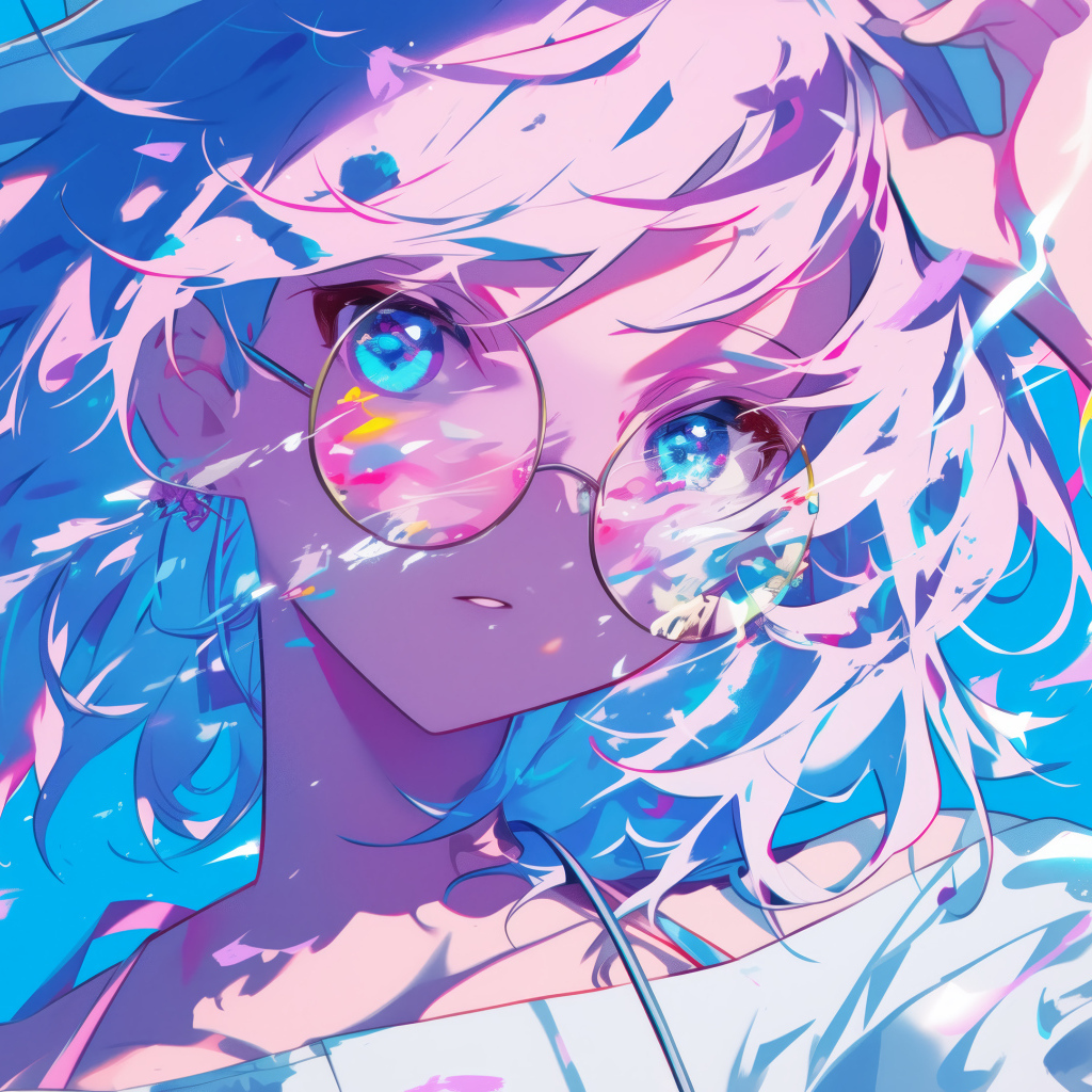 Аниме девушка в очках в лучах солнца на голубом фоне