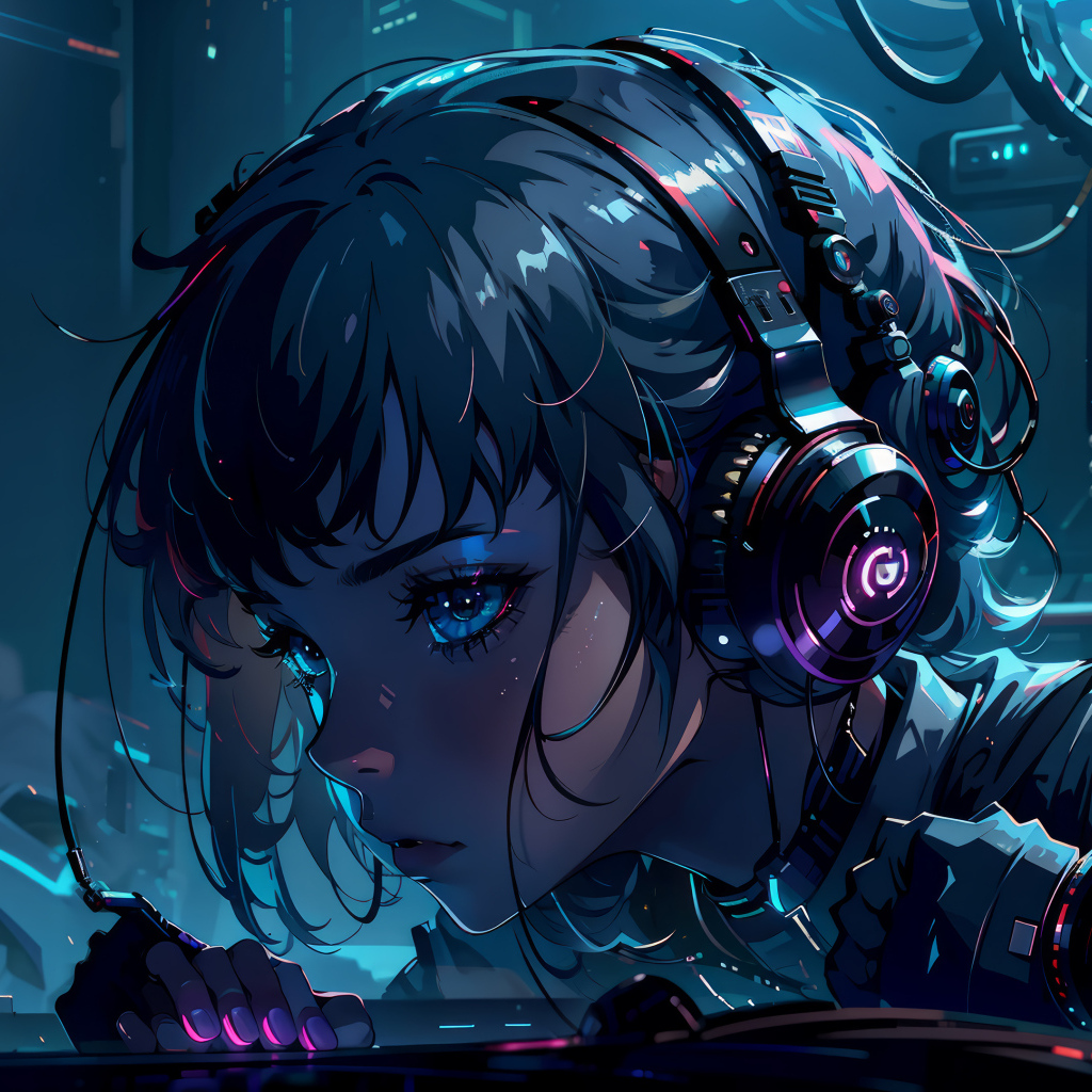 Девушка аниме с наушниками на голове 