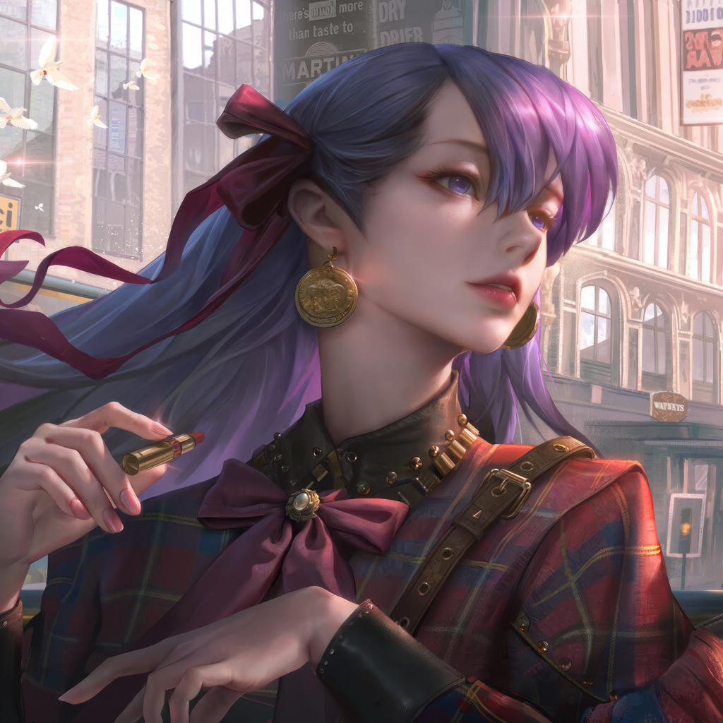 Девушка аниме с фиолетовыми волосами с помадой в руке