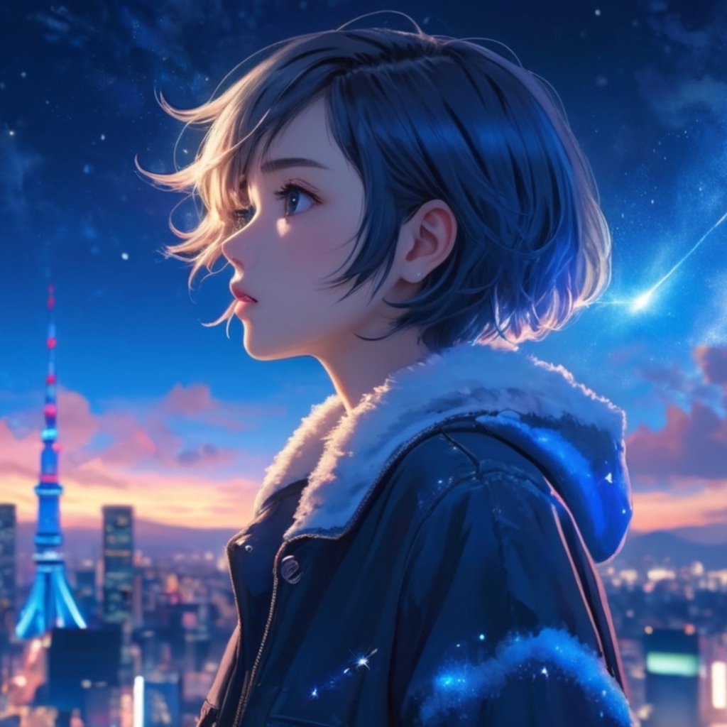 Девушка аниме с короткой стрижкой на фоне города