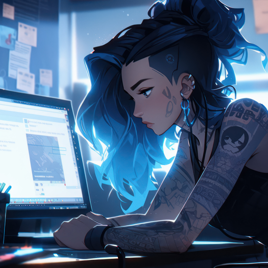Девушка аниме с татуировками сидит за компьютером