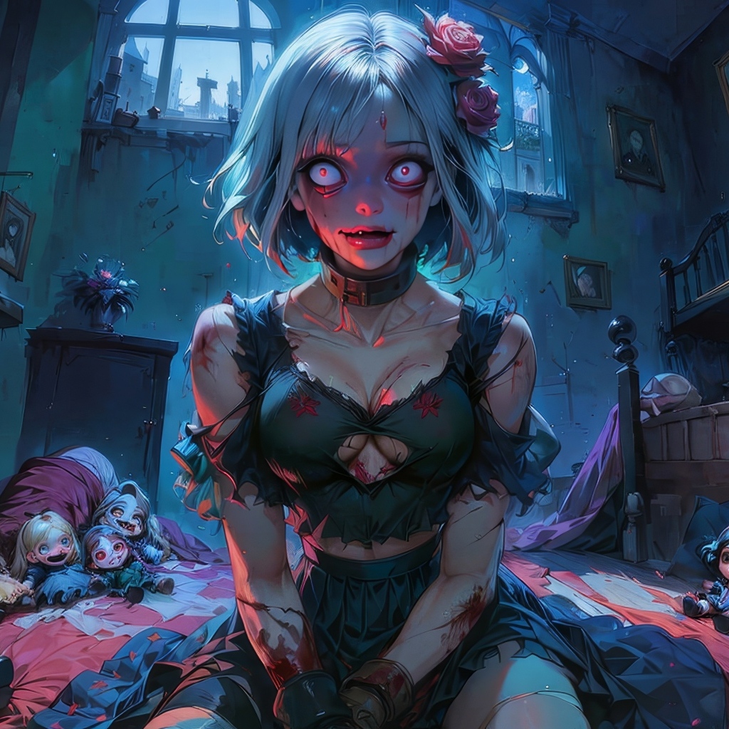 Девушка аниме зомби в комнате с куклами