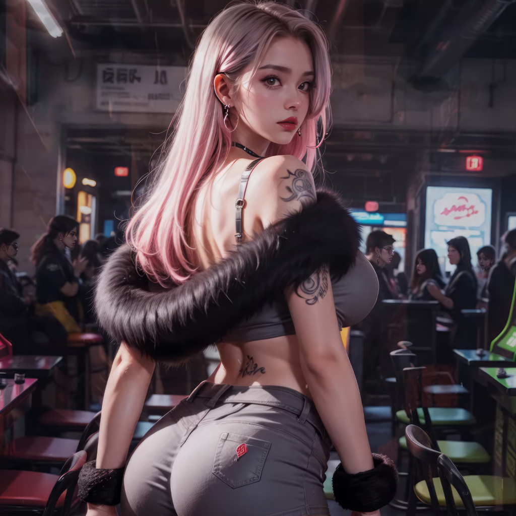 Красивая девушка аниме в зале с игровыми автоматами