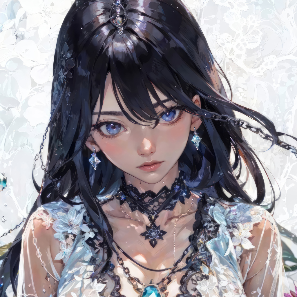 Красивая голубоглазая девушка аниме с черными волосами