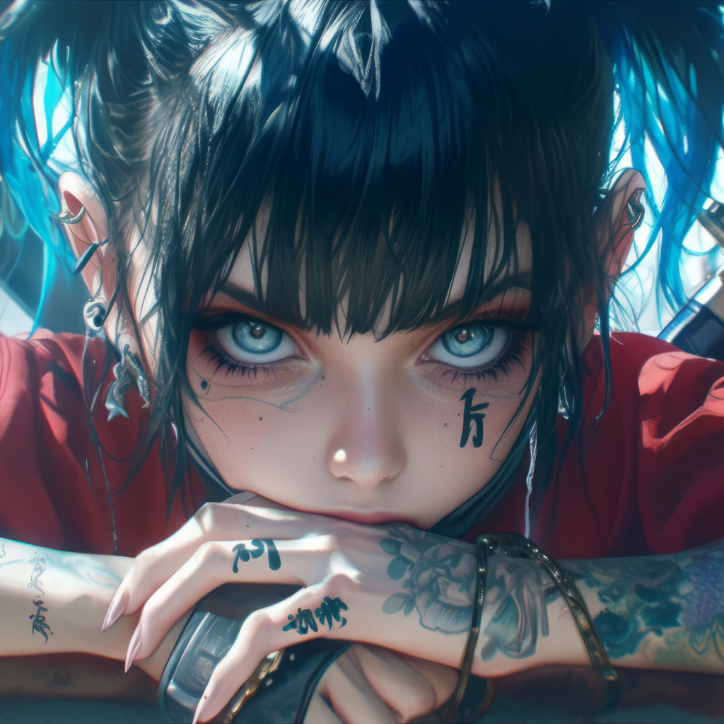 Голубоглазая аниме девушка с татуировками на теле