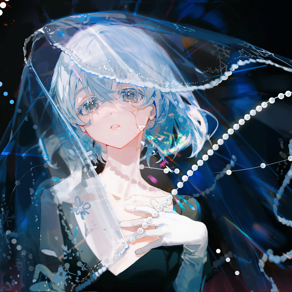 Грустная девушка аниме с фатой на лице