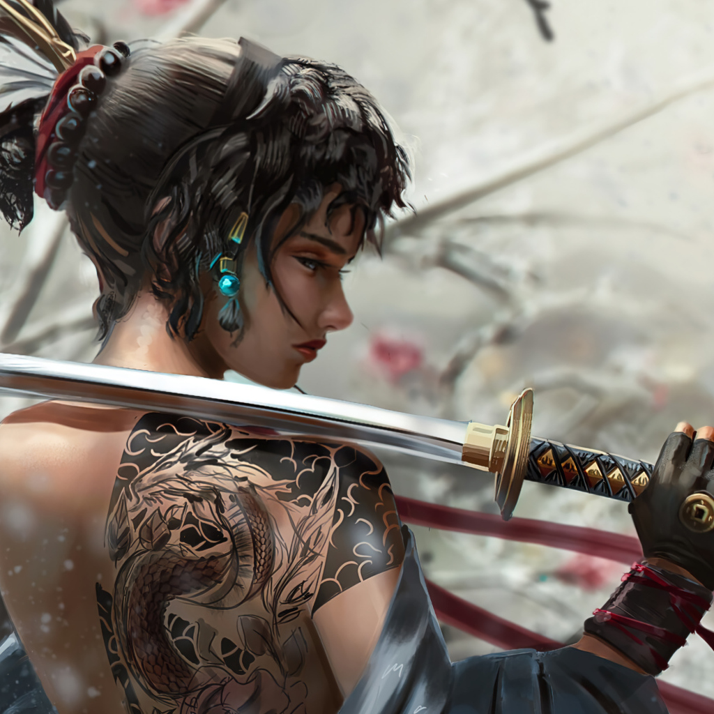 Девушка самурай с катаной в руке 