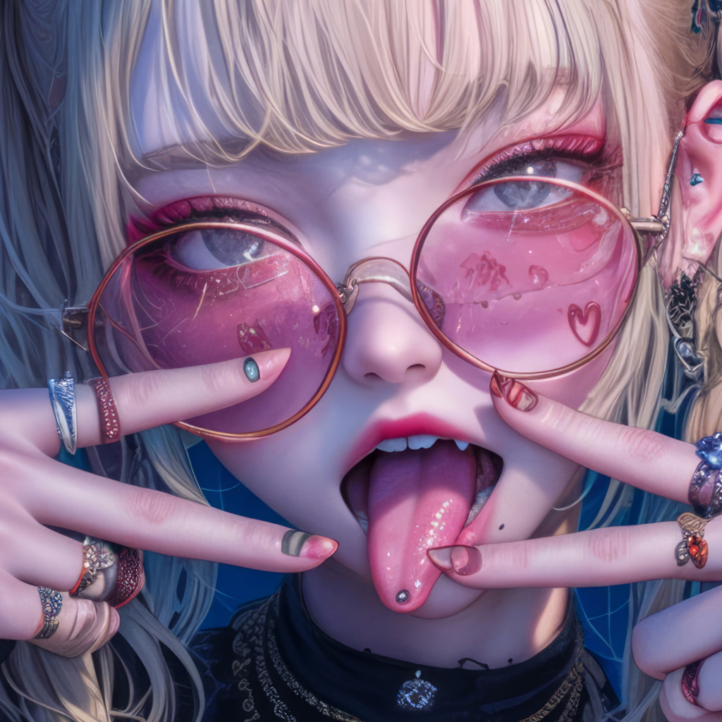 Дерзкая девушка аниме в розовых очках с высунутым языком