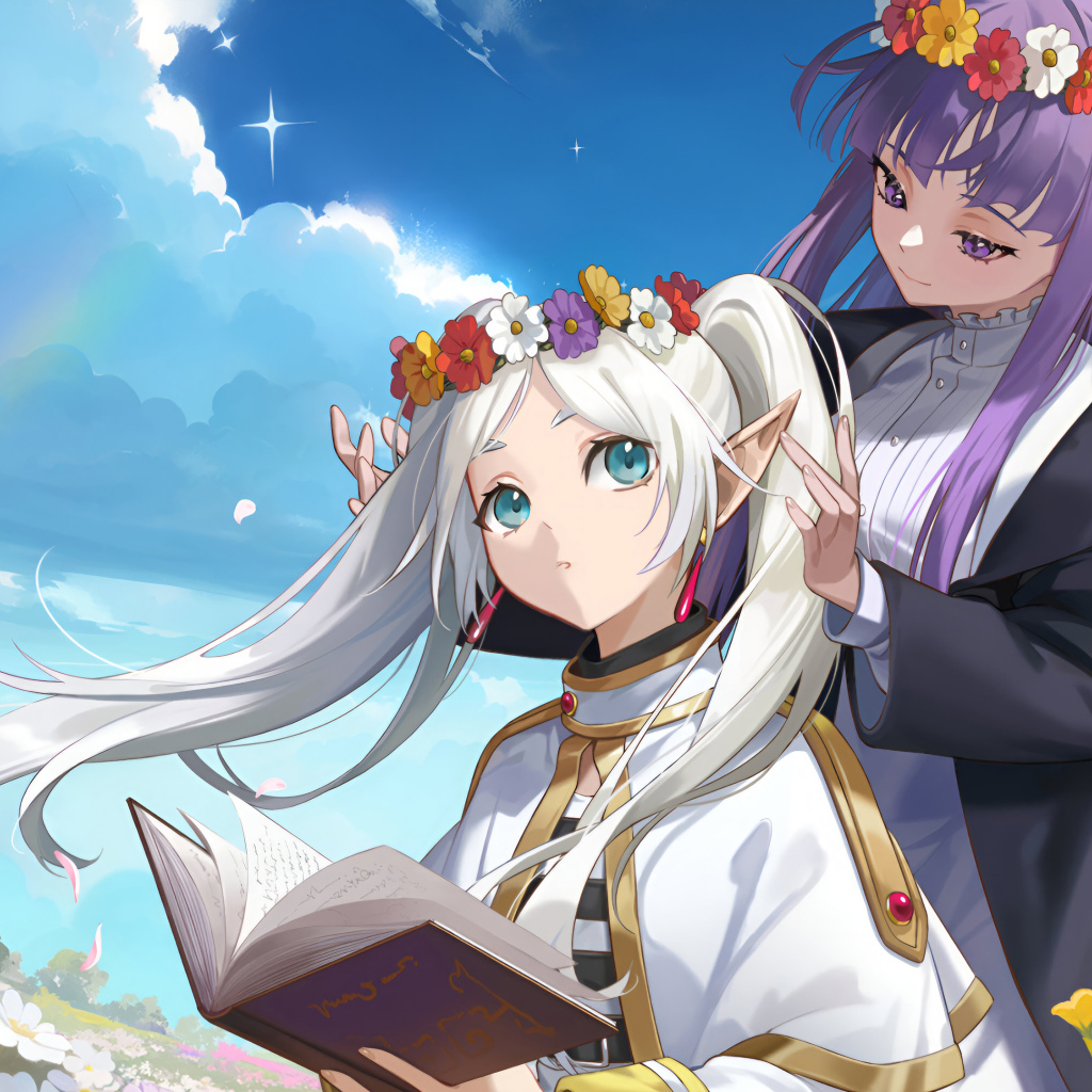 Две девушки аниме на поле с венками