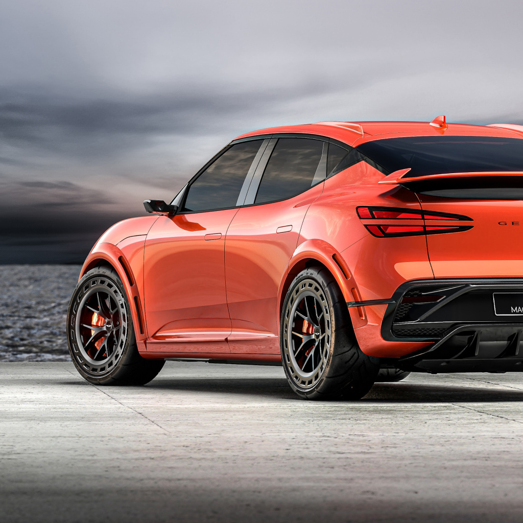 Вид сзади на автомобиль Genesis GV60 Magma Concept 2024 года