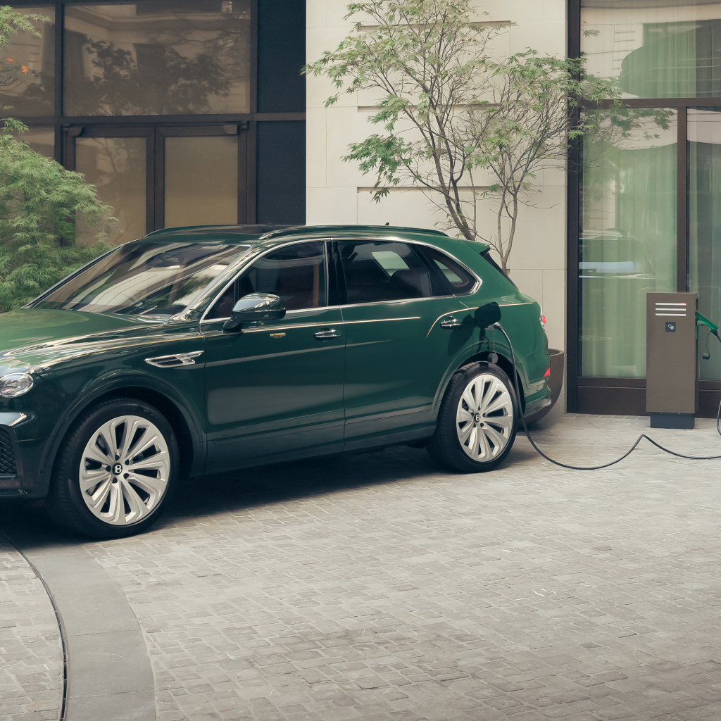 Зеленый автомобиль Bentley Bentayga Hybrid Peninsula London 2024 года