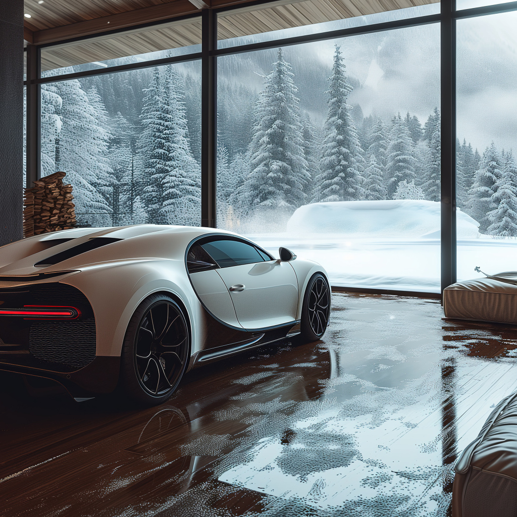 Автомобиль Bugatti Chiron Cozy в комнате зимой