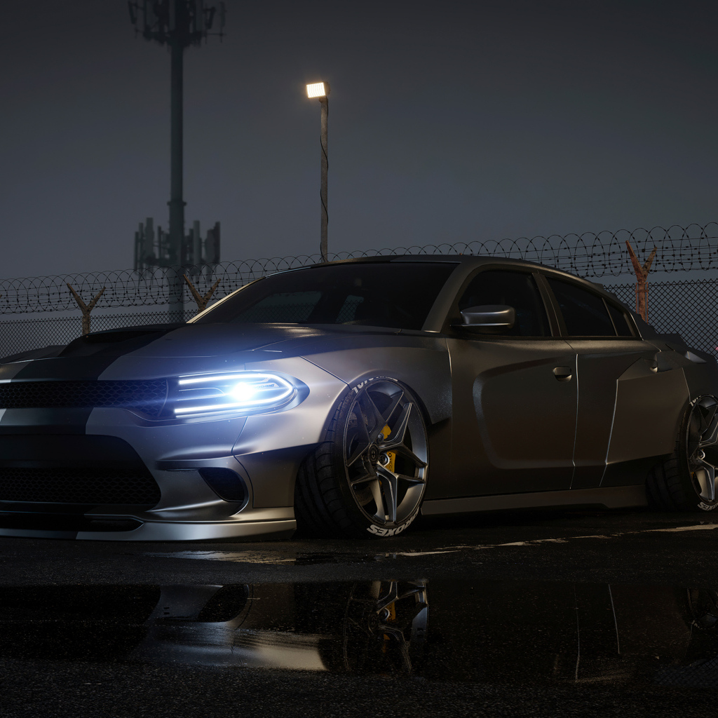 Автомобиль Dodge Charger CGI с включенными фарами