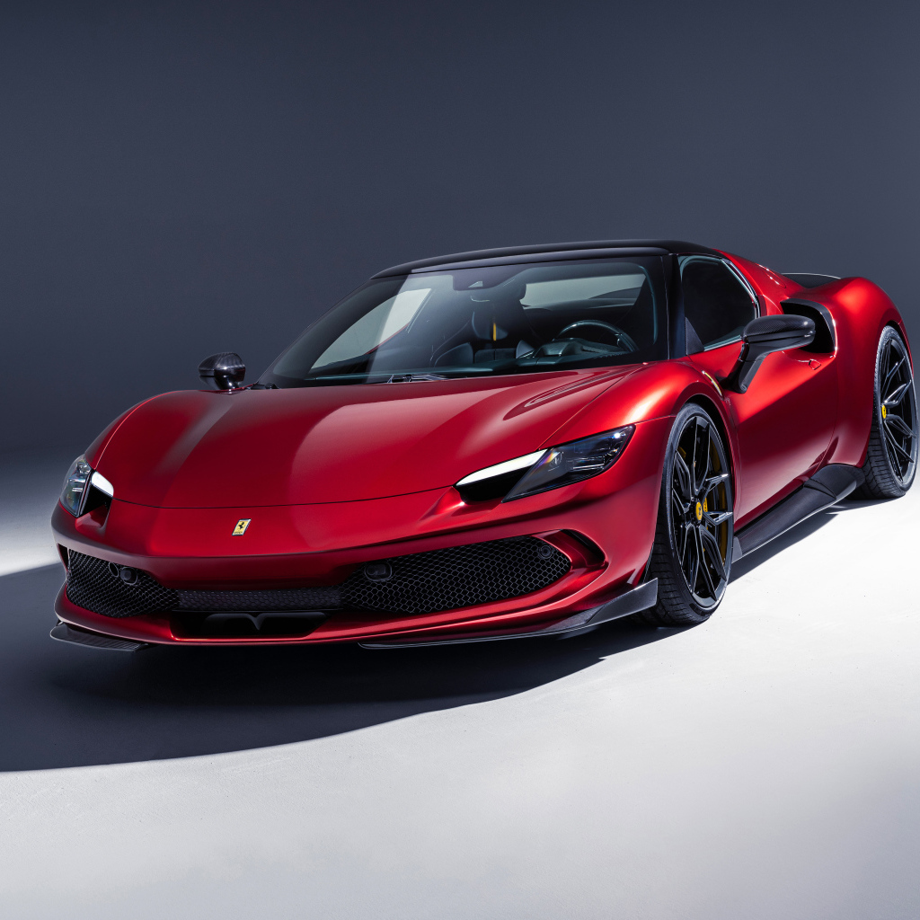 Быстрый красный автомобиль Novitec Ferrari 296 GTB Aero 2024 года на сером фоне