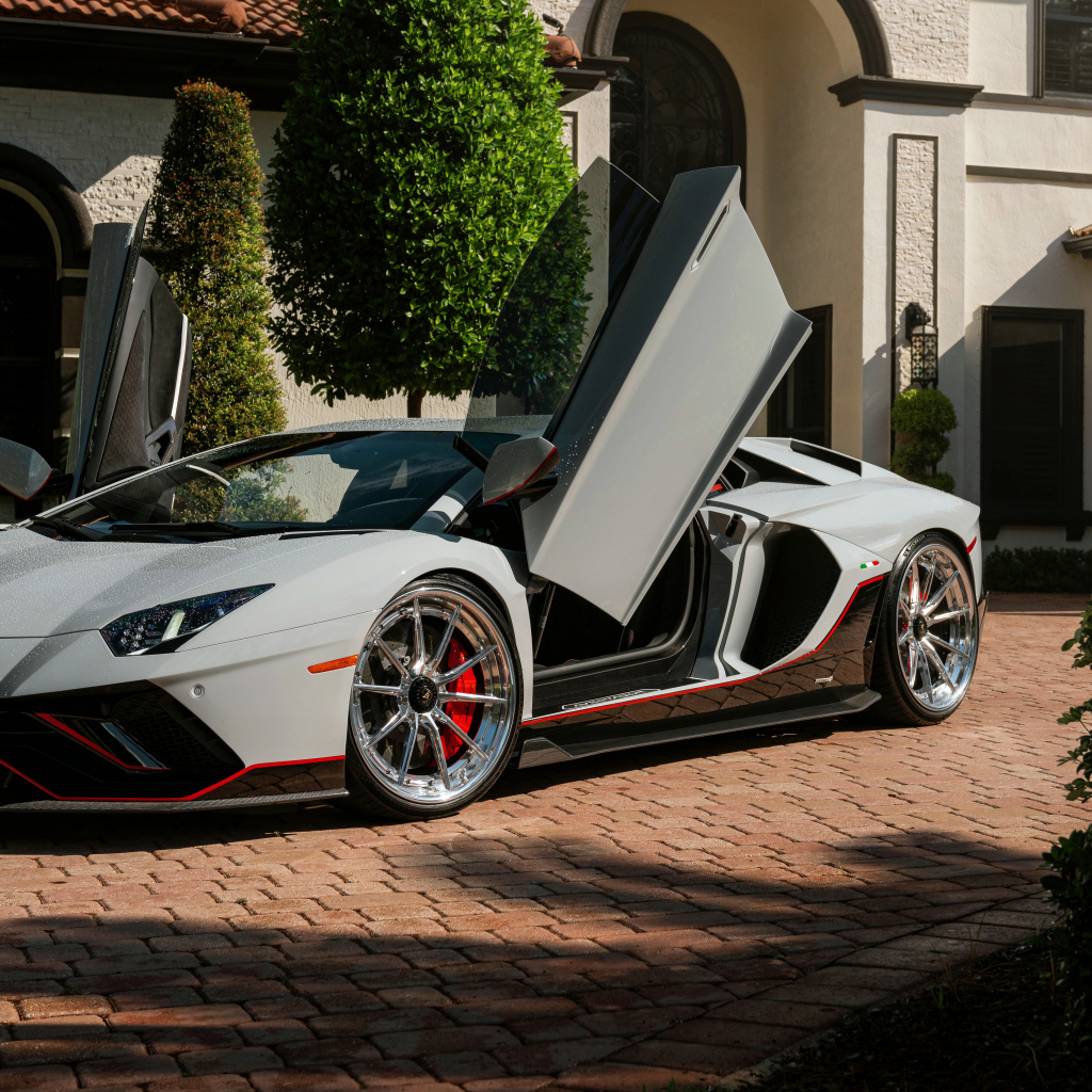 Серый автомобиль Lamborghini Aventador с открытыми дверями